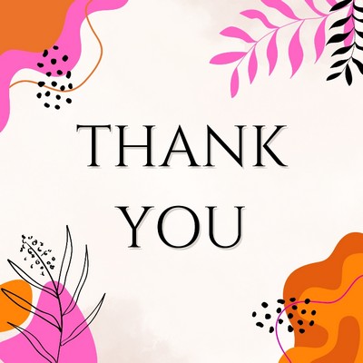 Thank You card with bold abstract orange, pink and black graphic design.
