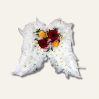 Angel wing funeral tribute with feather detailing and customisable floral focal point